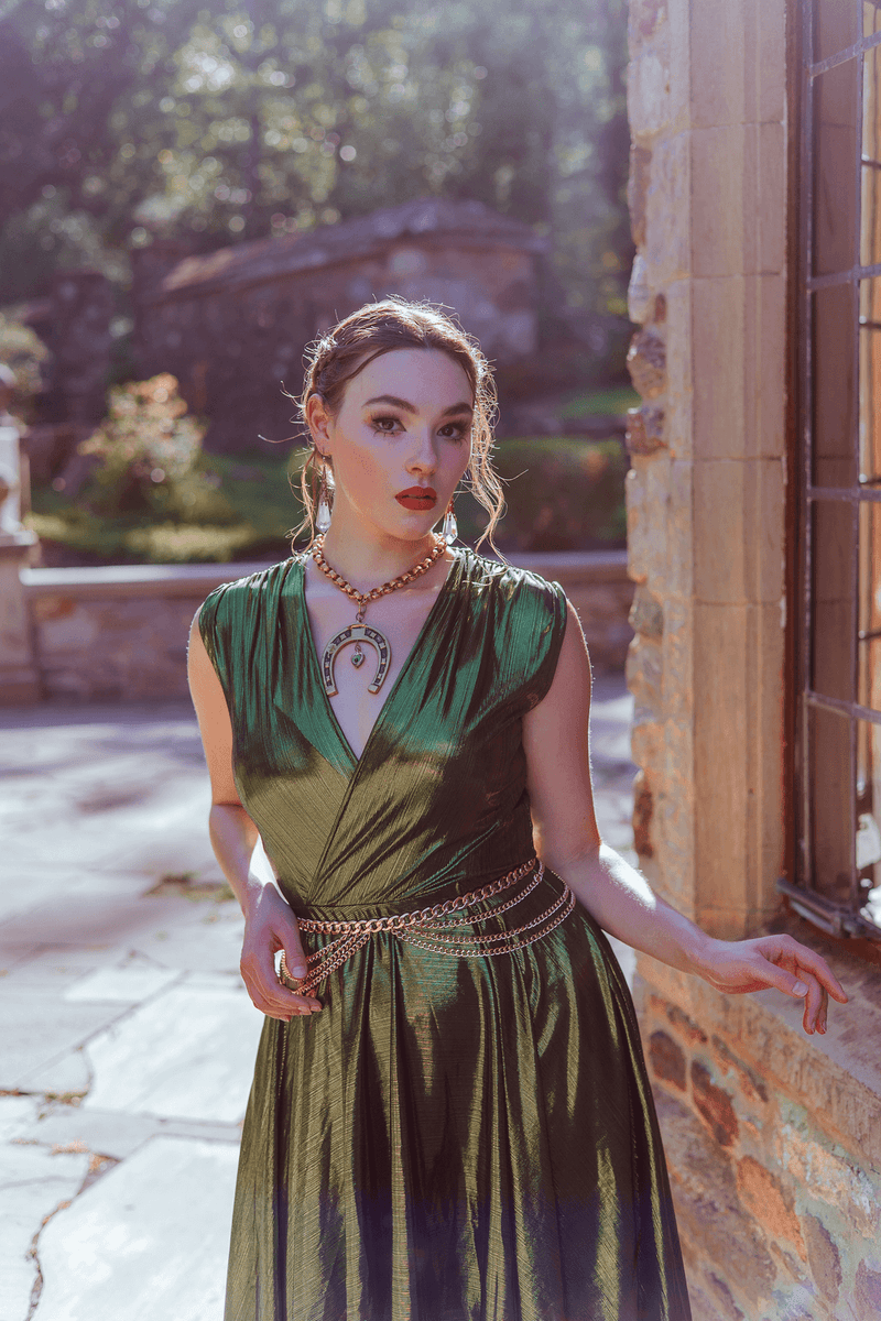 Mythos dress in Gorgon Green Metallic Knit