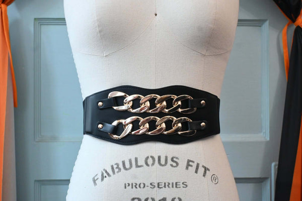 Black Elastic and Faux Leather Belt/Waist Cincher with Gold Chains