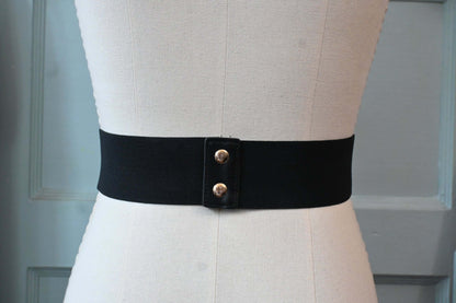 Black Elastic and Faux Leather Belt/Waist Cincher with Gold Chains