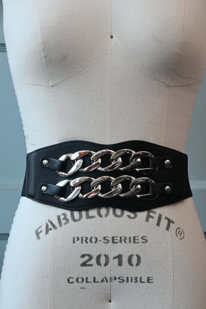 Black Elastic and Faux Leather Belt/Waist Cincher with Silver Chains