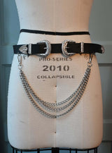 Black Western-style faux leather belt with Silver layered chains
