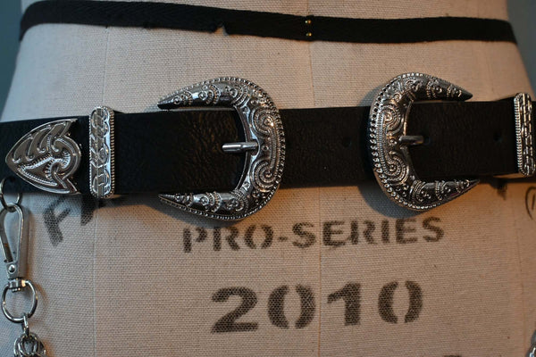 Black Western-style faux leather belt with Silver layered chains