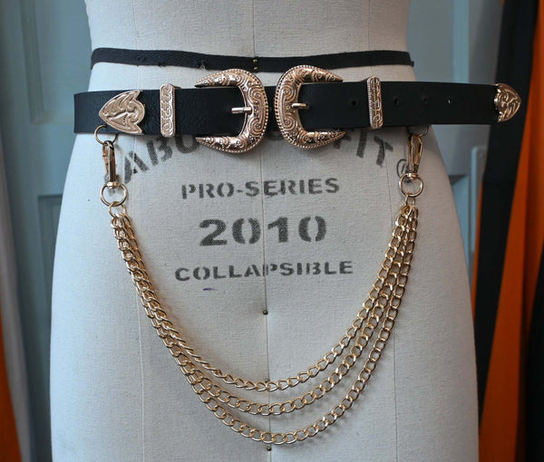 Black Western-style faux leather belt with Gold chains display picture 3