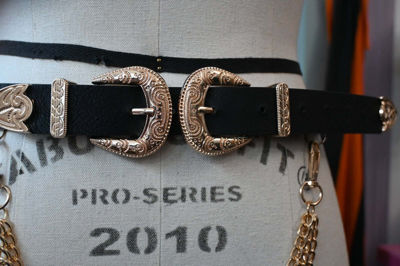 Black Western-style faux leather belt with Gold layered chains