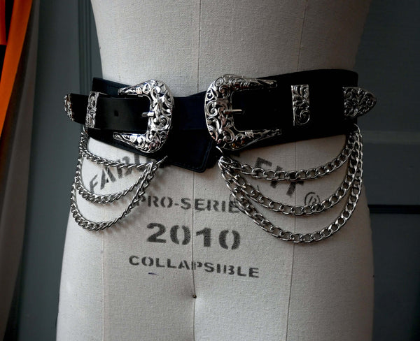 Western-style faux leather belt with triple chains