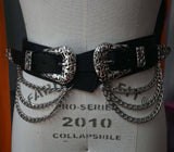 Black Western-style faux leather belt with double chains