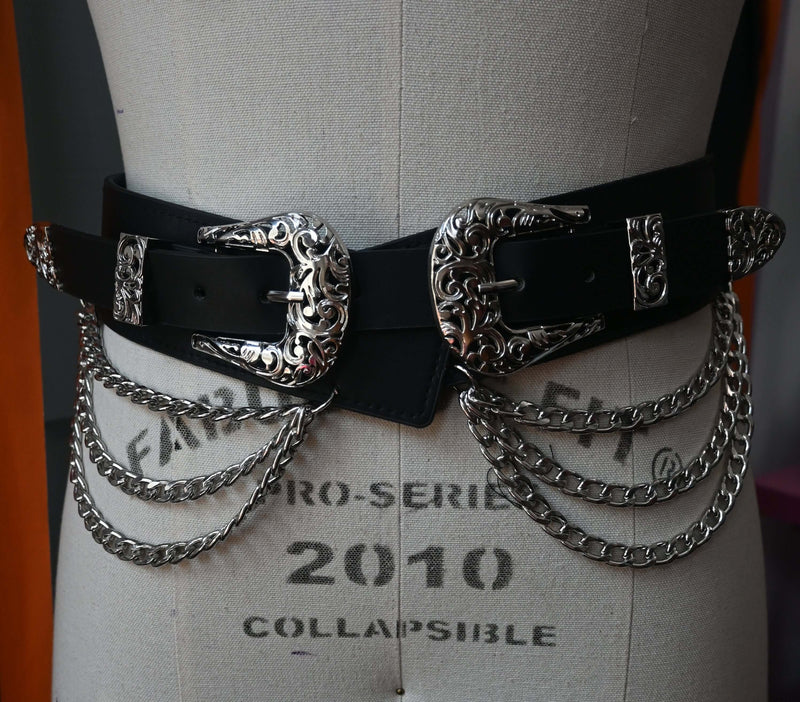 Western-style faux leather belt with triple chains