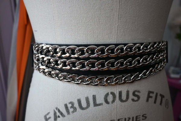 Black Elastic and Faux Leather Belt with triple chains