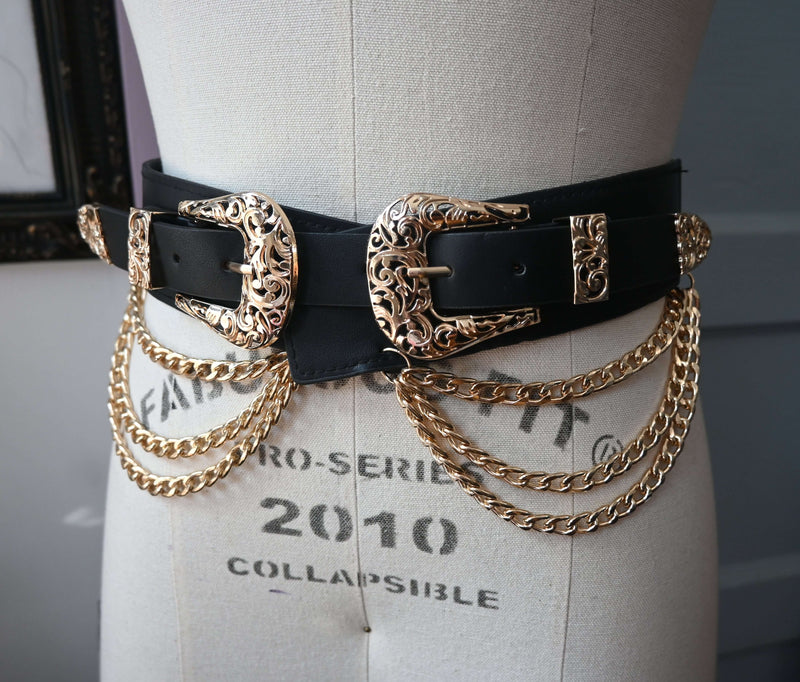 Western-style faux leather belt with triple chains