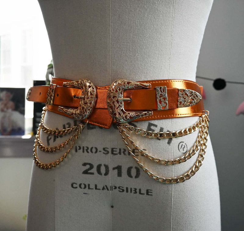 Western-style faux leather belt with triple chains