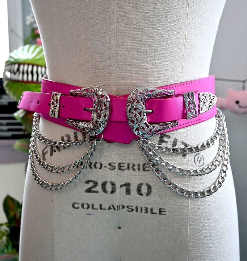 Western-style faux leather belt with triple chains