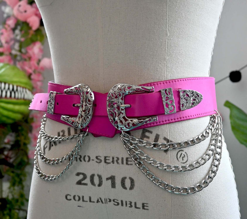 Western-style faux leather belt with triple chains