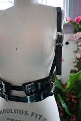 Glossy Faux Leather Harness with Metallic Buckle Details