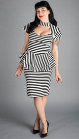 Jayne Wiggle dress in black/white striped ponte knit