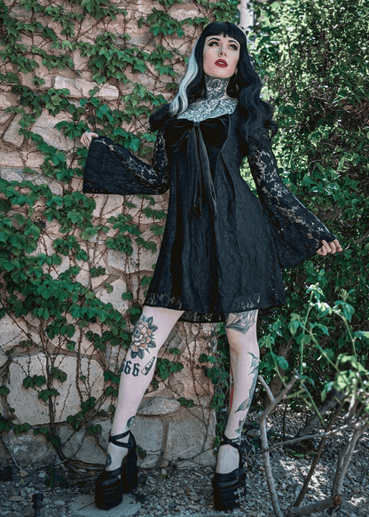 Priscilla 60's Bell Sleeve Lace Mini Dress in Black Priscilla 60's Bell Sleeve Lace Mini Dress in Black