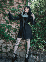 Priscilla 60's Bell Sleeve Lace Mini Dress in Black