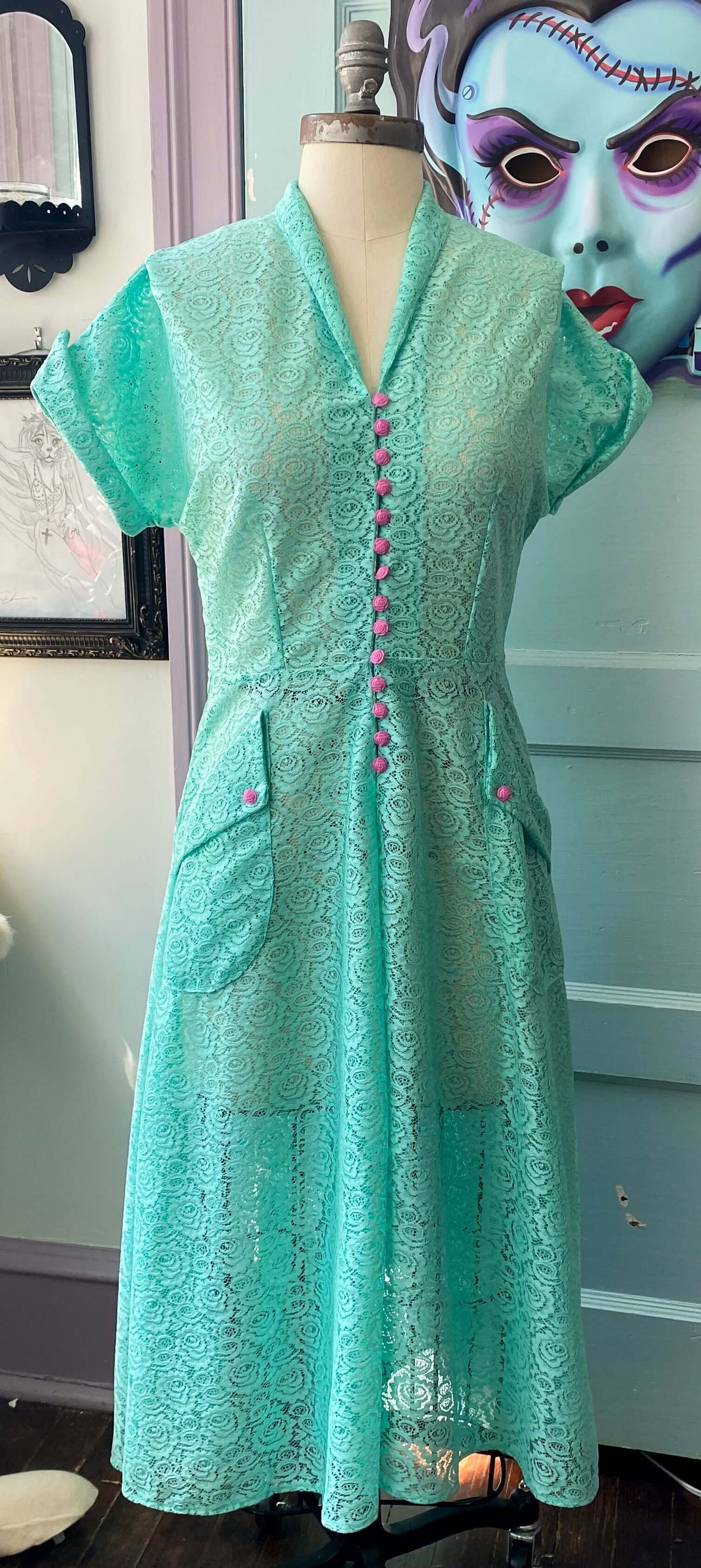 Edith Dress in Mint Floral Lace