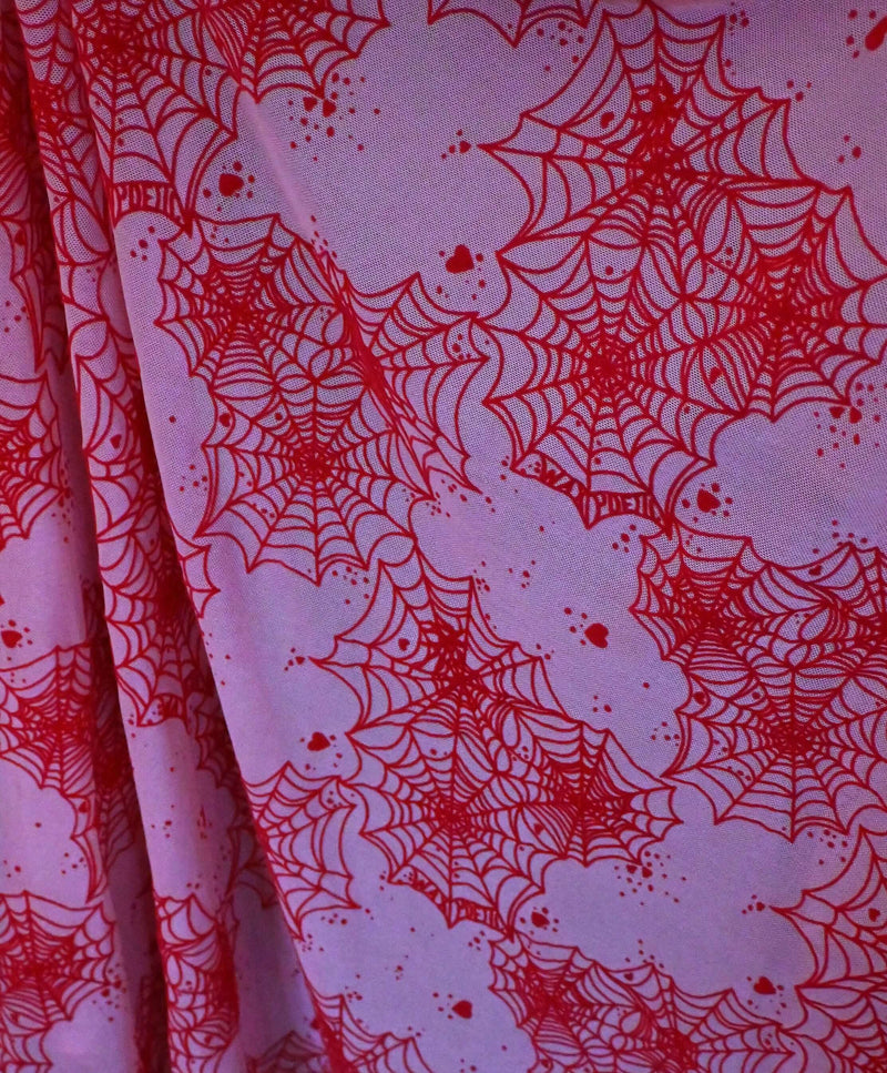 *Pre Order* Pink Mesh Lydia wrap dress in Red Flocked Spiderwebs