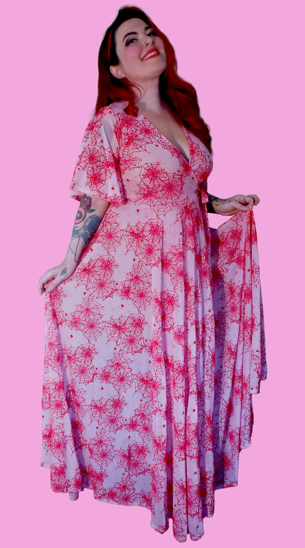 *Pre Order* Pink Mesh Lydia wrap dress in Red Flocked Spiderwebs