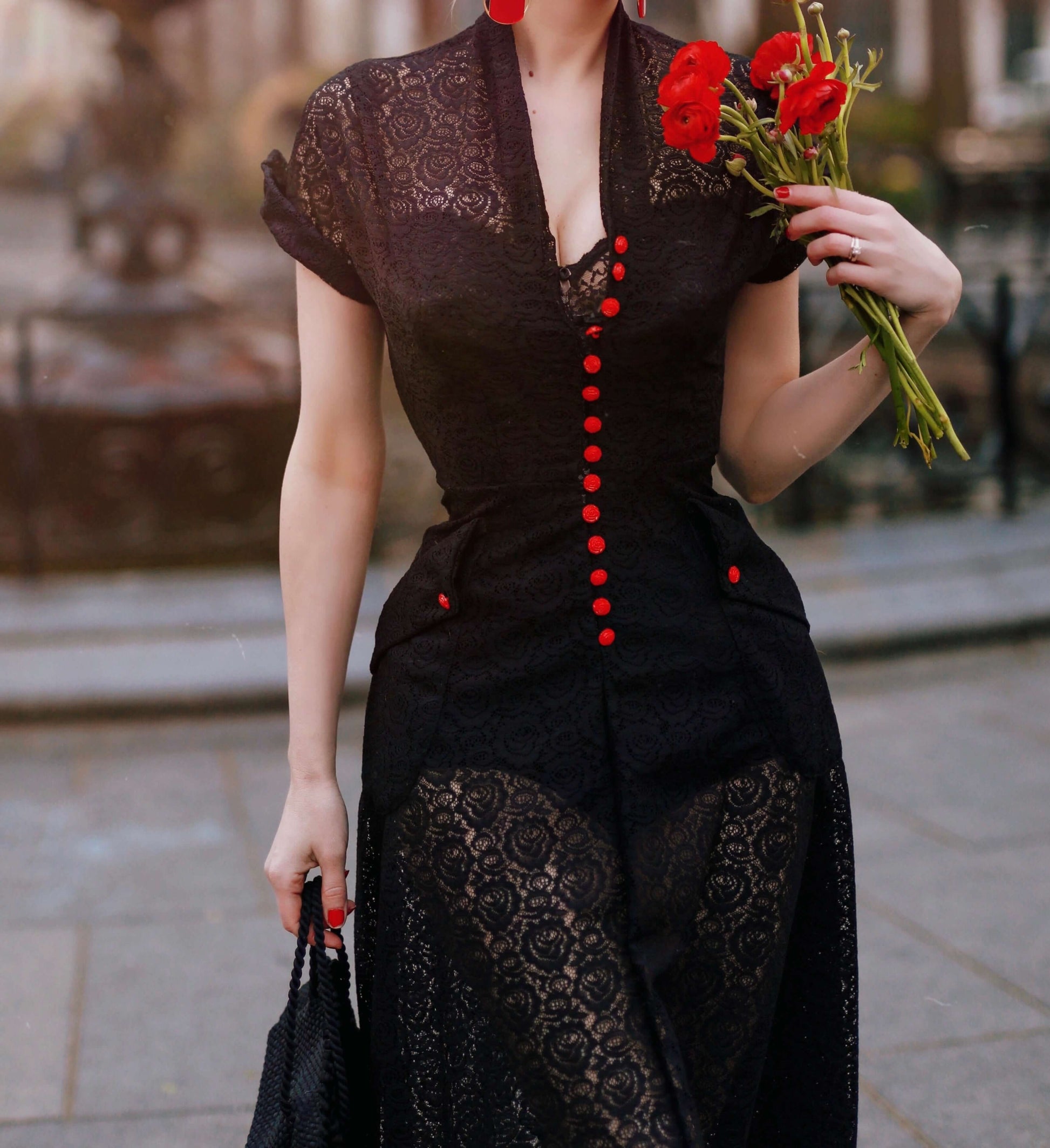 Edith Dress in Black Floral Lace