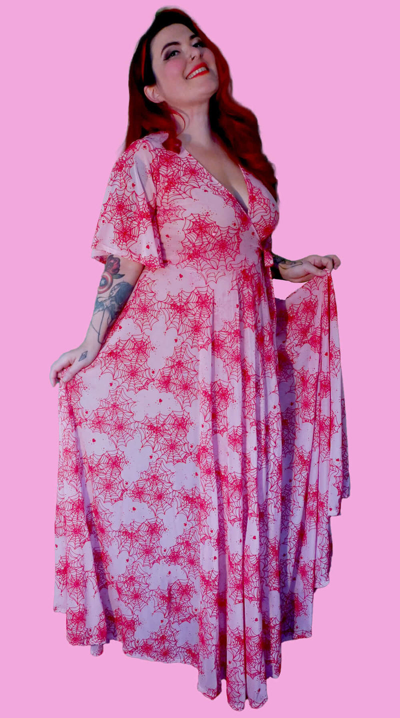*Pre Order* Pink Mesh Lydia wrap dress in Red Flocked Spiderwebs