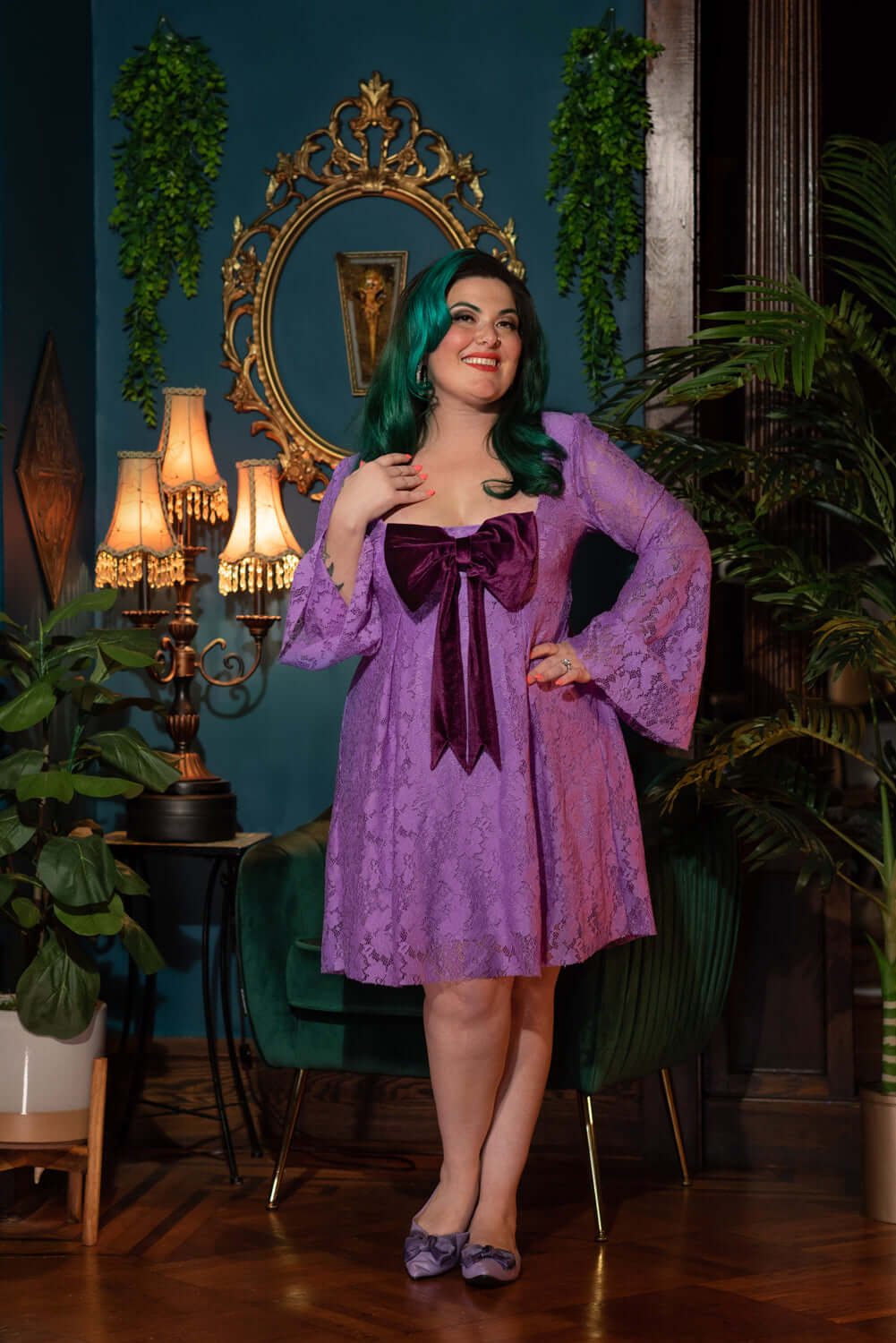 Priscilla 60's Bell Sleeve Lace Mini Dress in Lavender