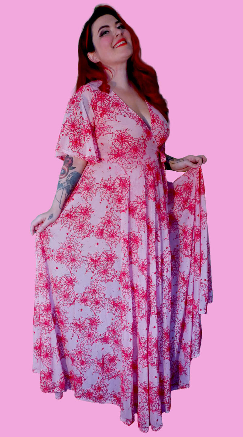 *Pre Order* Pink Mesh Lydia wrap dress in Red Flocked Spiderwebs