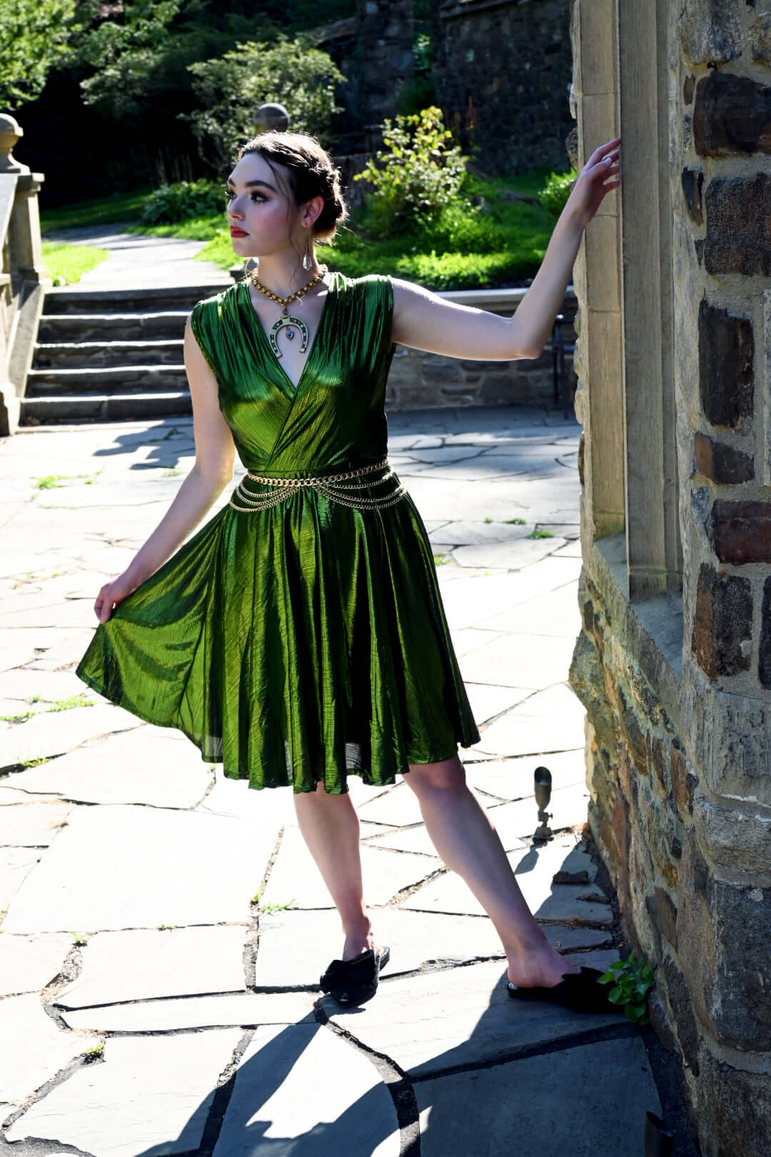 Mythos dress in Gorgon Green Metallic Knit