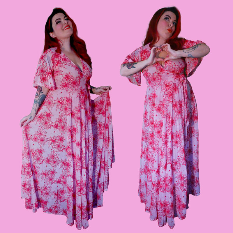 *Pre Order* Pink Mesh Lydia wrap dress in Red Flocked Spiderwebs